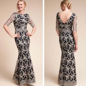 BHLDN Anthropologie Betsy Dress Black Cream Lace Maxi Gown Size 8